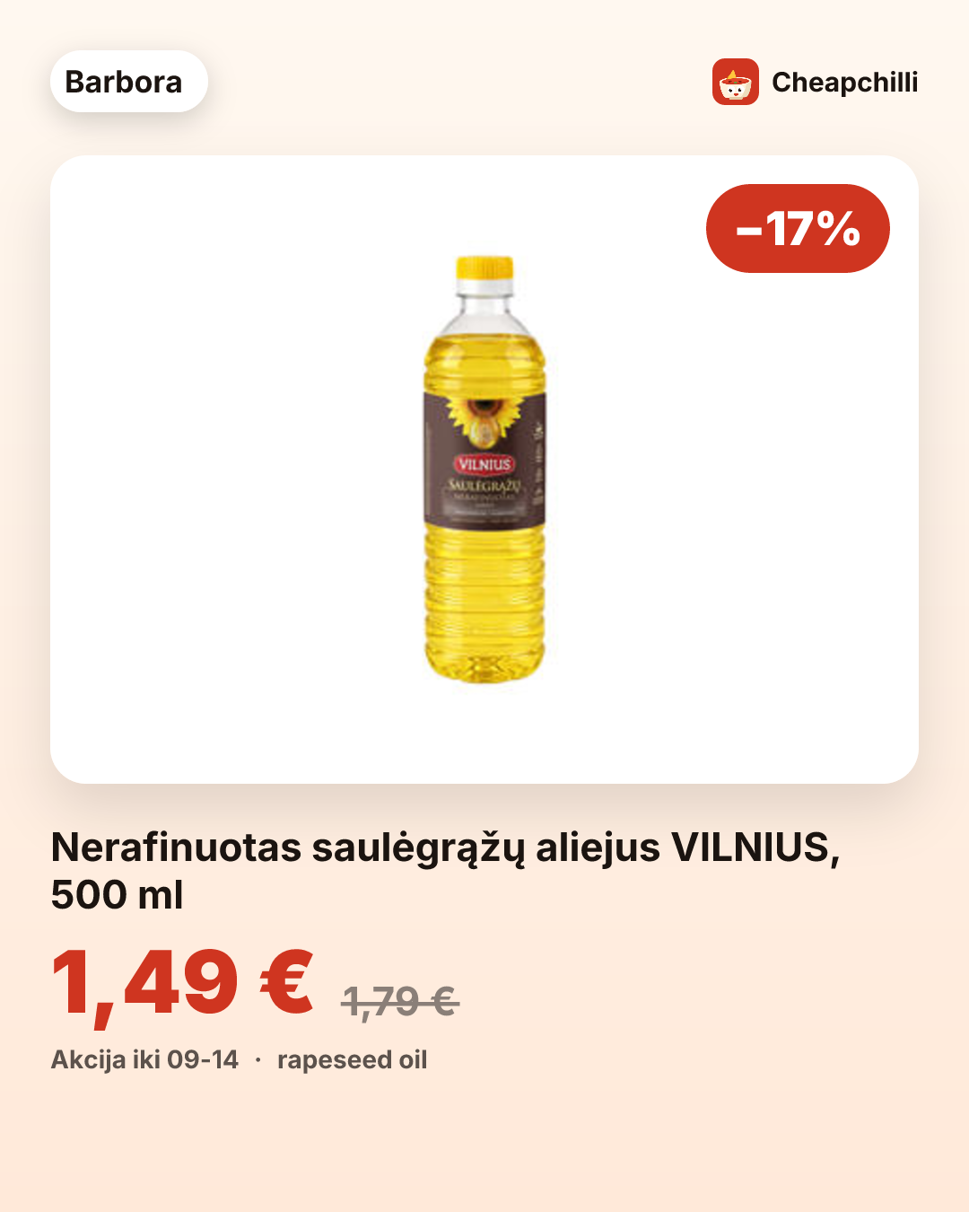 Nerafinuotas saulėgrąžų aliejus VILNIUS, 500 ml