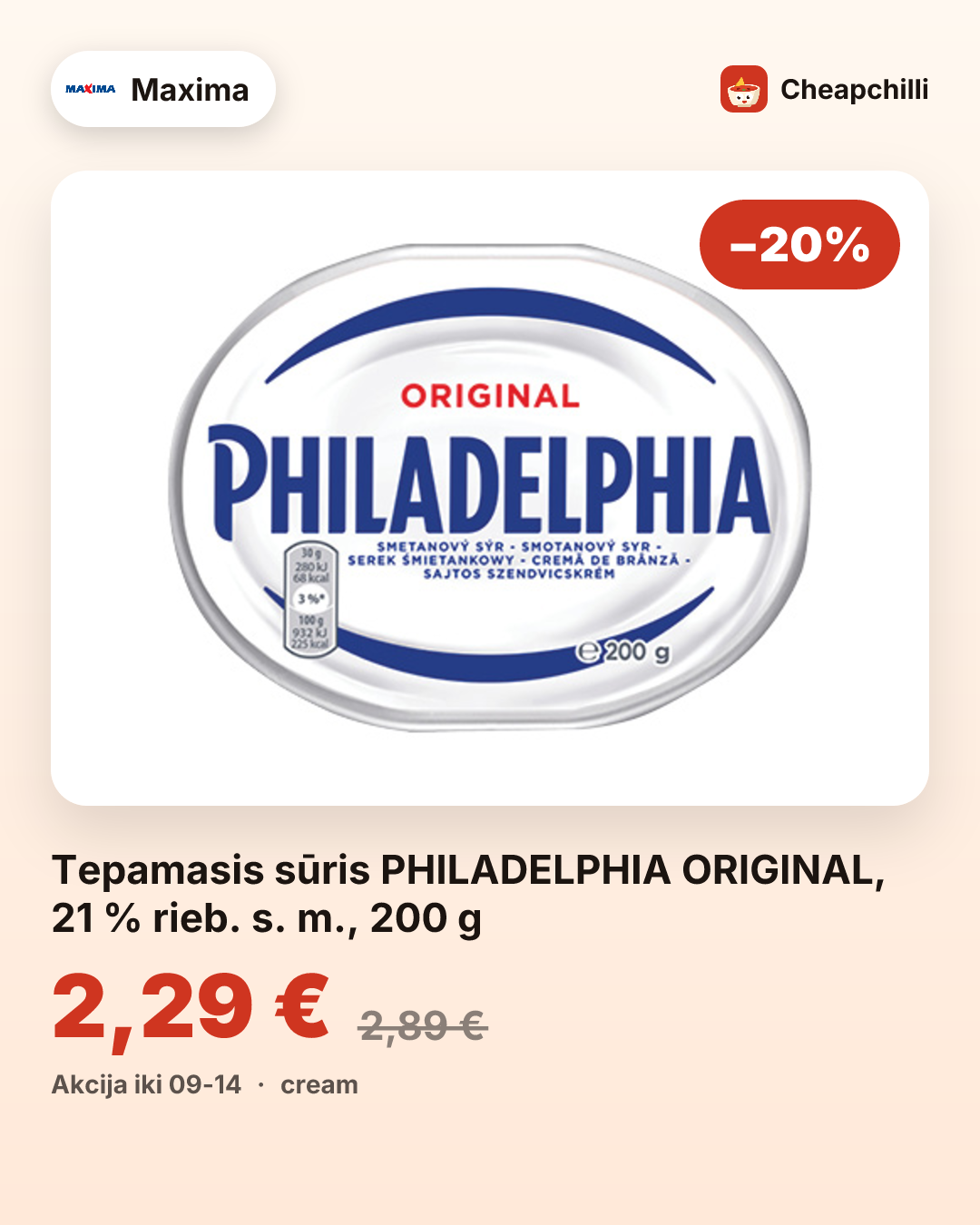 Tepamasis sūris PHILADELPHIA ORIGINAL, 21 % rieb. s. m., 200 g