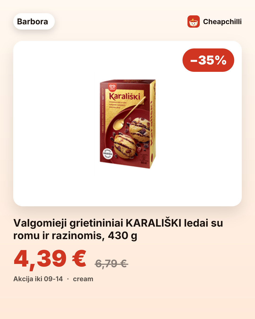 Valgomieji grietininiai KARALIŠKI ledai su romu ir razinomis, 430 g