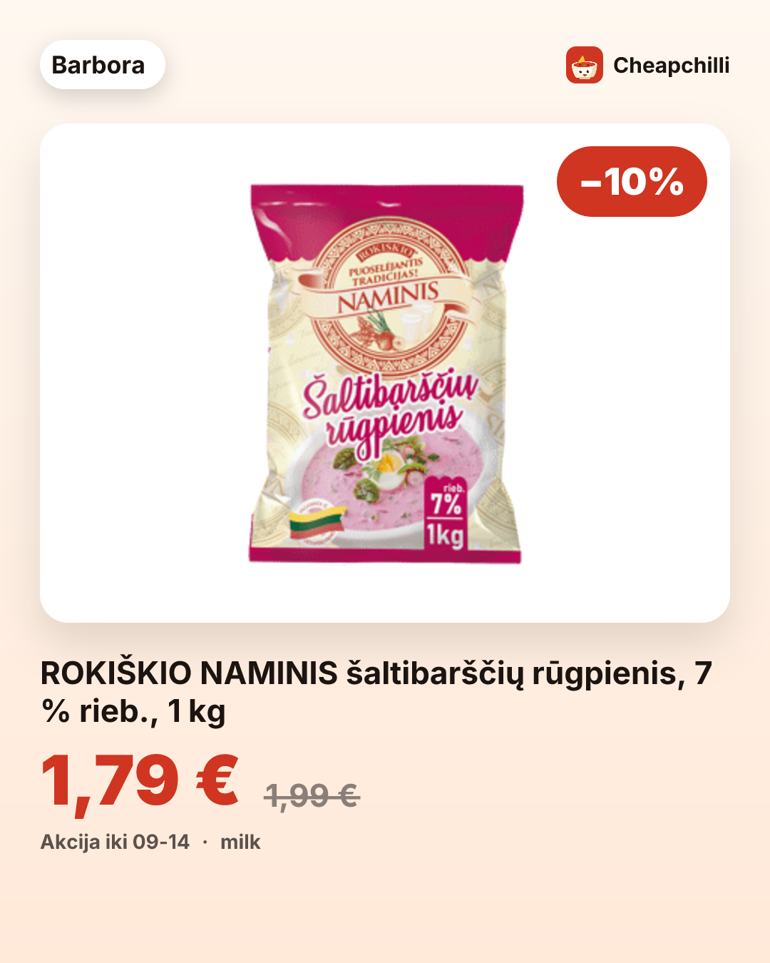 ROKIŠKIO NAMINIS šaltibarščių rūgpienis, 7 % rieb., 1 kg