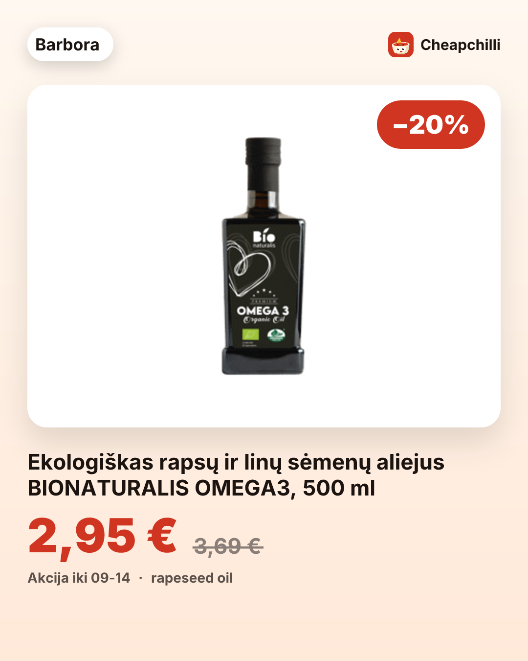 Ekologiškas rapsų ir linų sėmenų aliejus BIONATURALIS OMEGA3, 500 ml