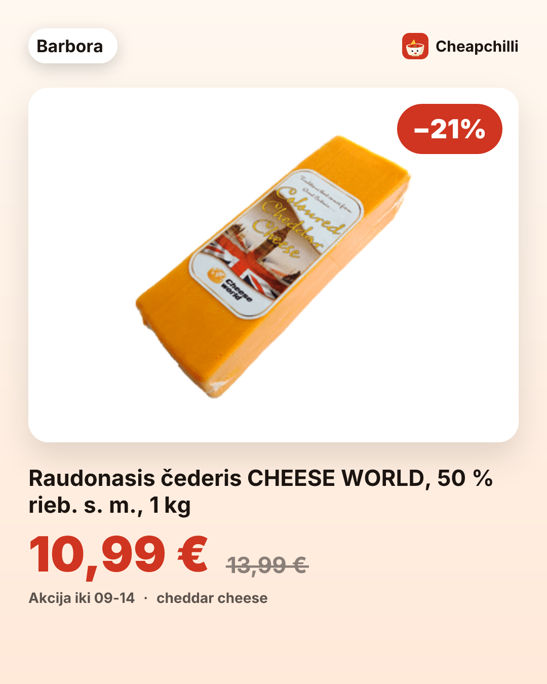Raudonasis čederis CHEESE WORLD, 50 % rieb. s. m., 1 kg