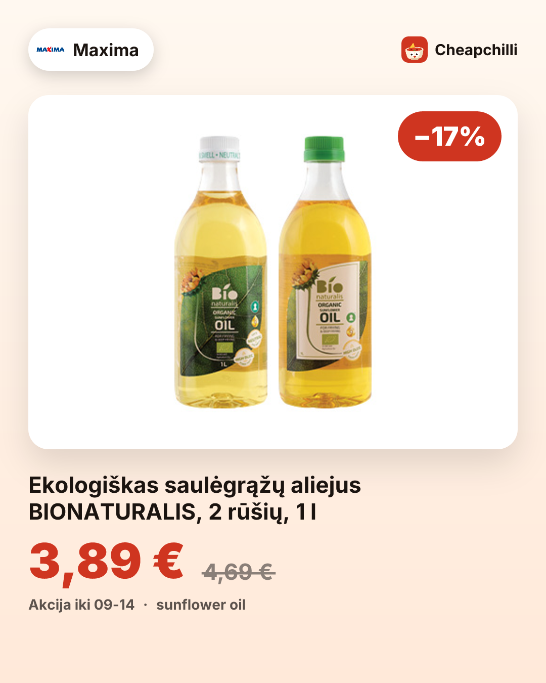Ekologiškas saulėgrąžų aliejus BIONATURALIS, 2 rūšių, 1 l