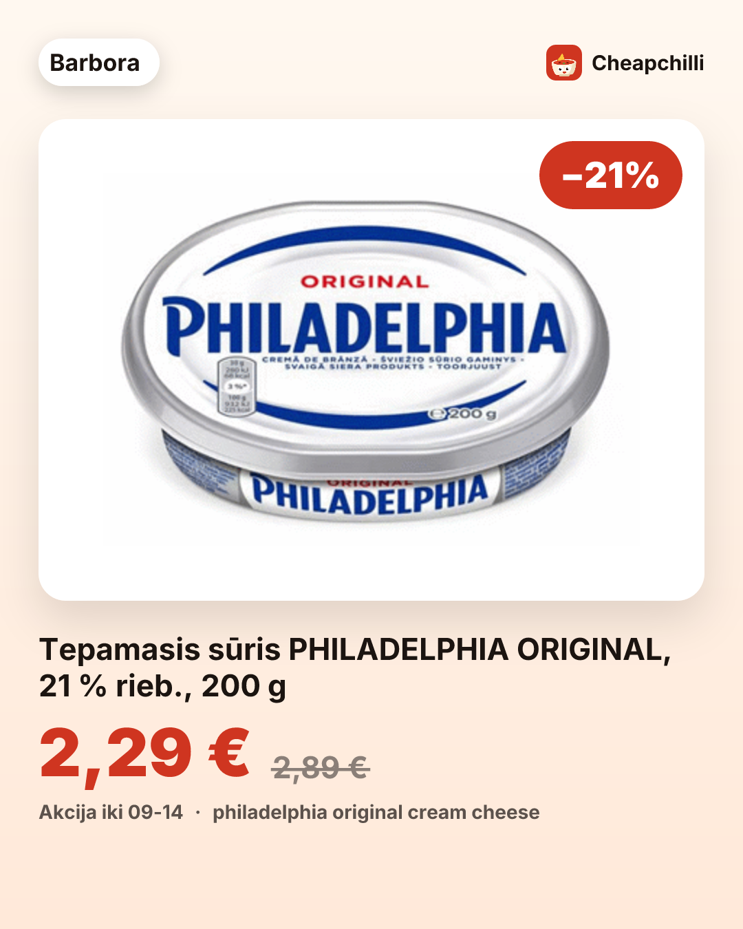 Tepamasis sūris PHILADELPHIA ORIGINAL, 21 % rieb., 200 g