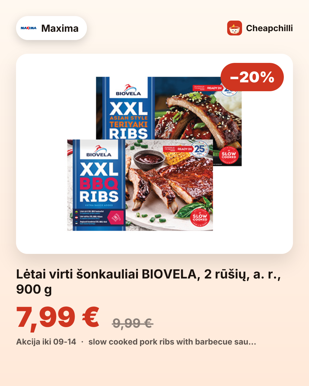 Lėtai virti šonkauliai BIOVELA, 2 rūšių, a. r., 900 g
