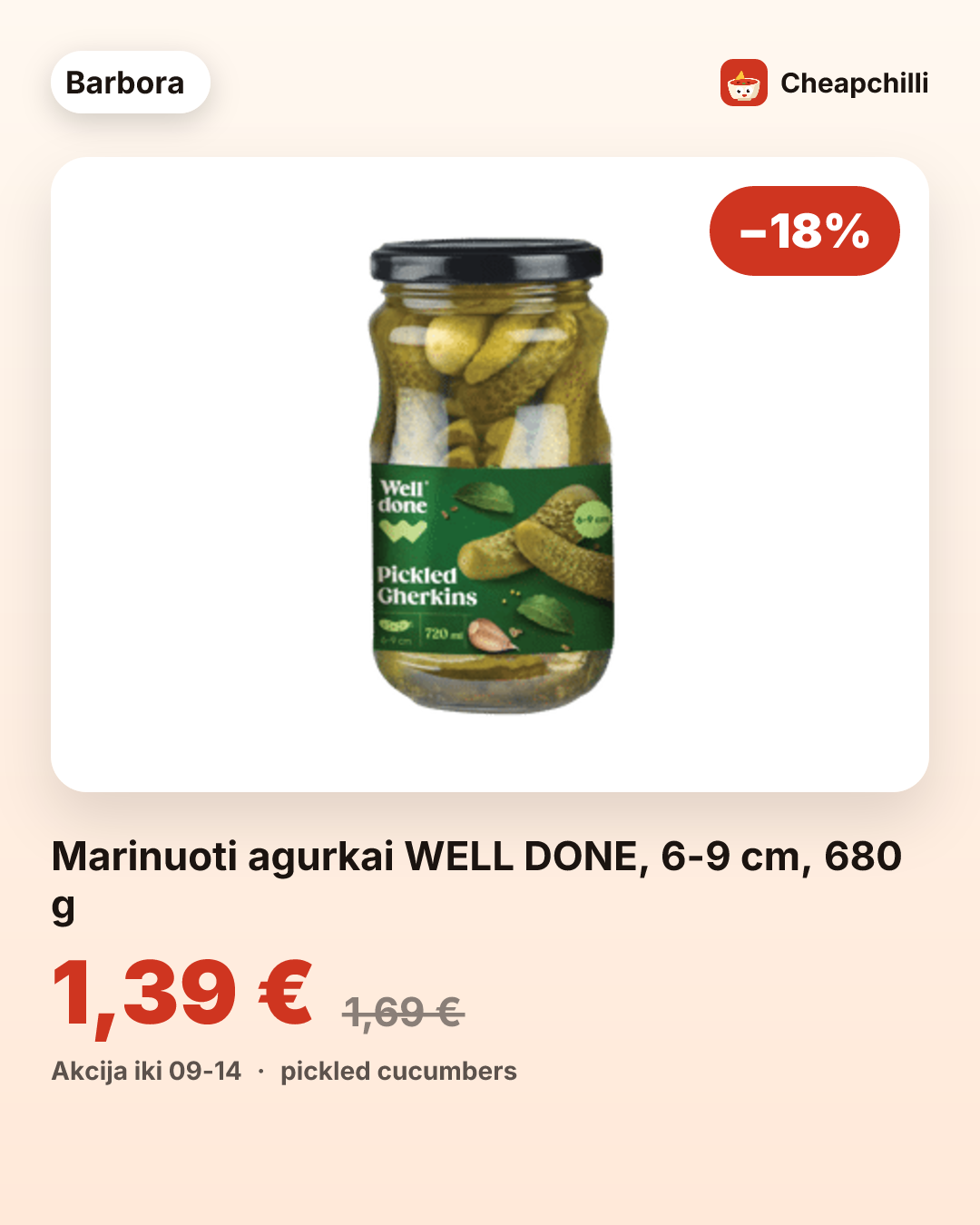 Marinuoti agurkai WELL DONE, 6-9 cm, 680 g