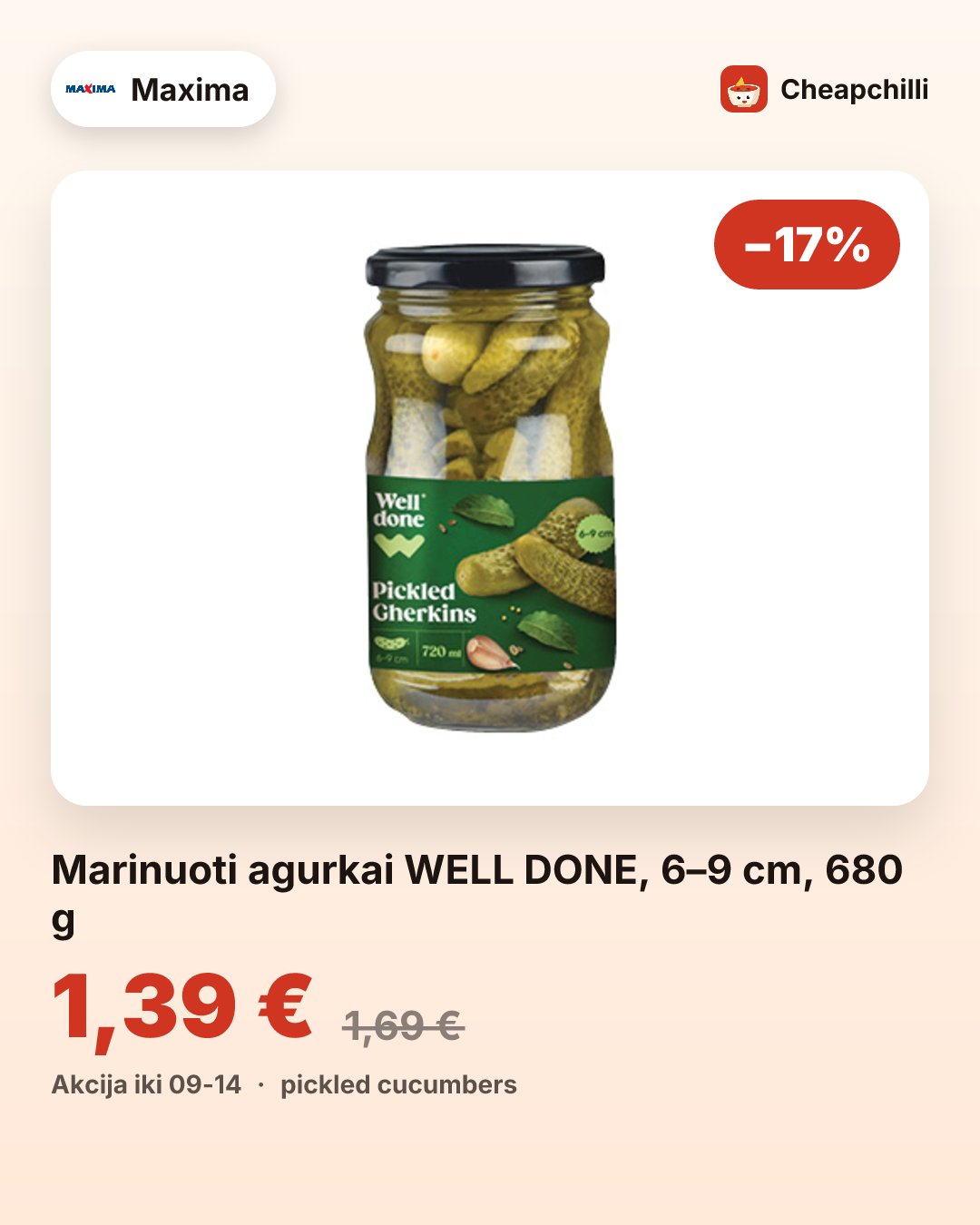 Marinuoti agurkai WELL DONE, 6–9 cm, 680 g