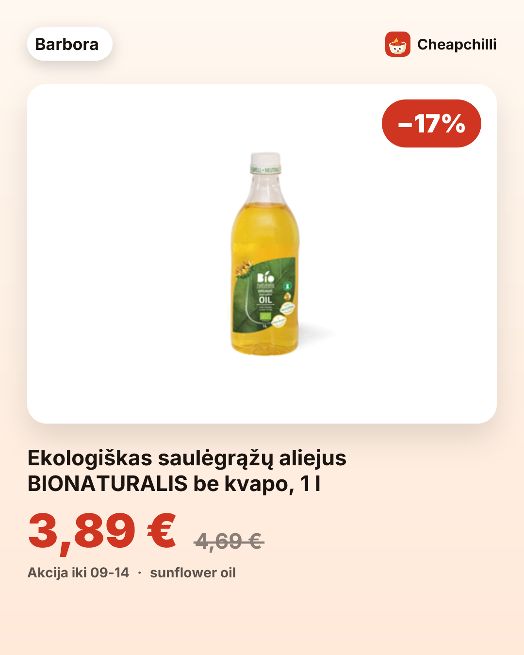 Ekologiškas saulėgrąžų aliejus BIONATURALIS be kvapo, 1 l