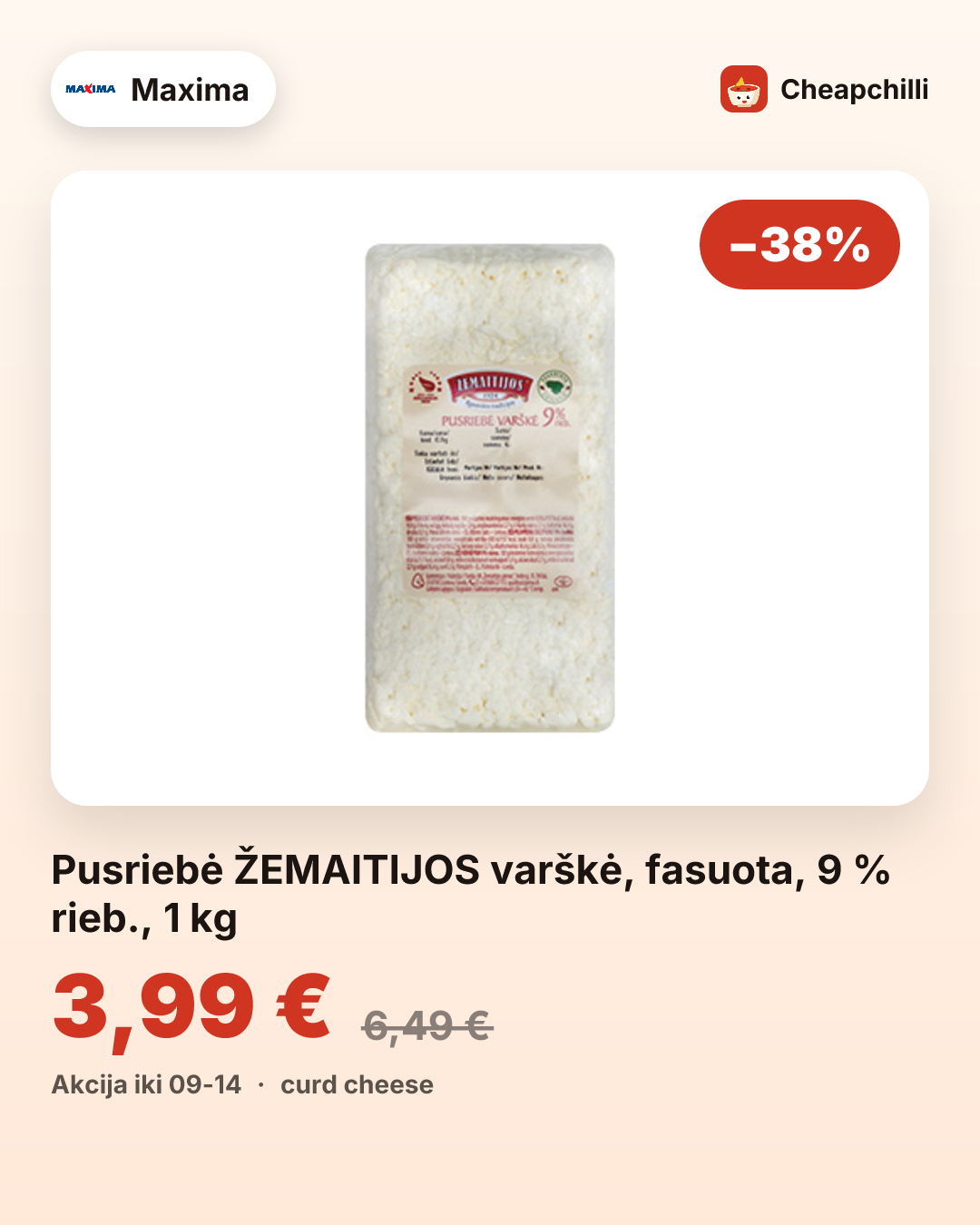 Pusriebė ŽEMAITIJOS varškė, fasuota, 9 % rieb., 1 kg