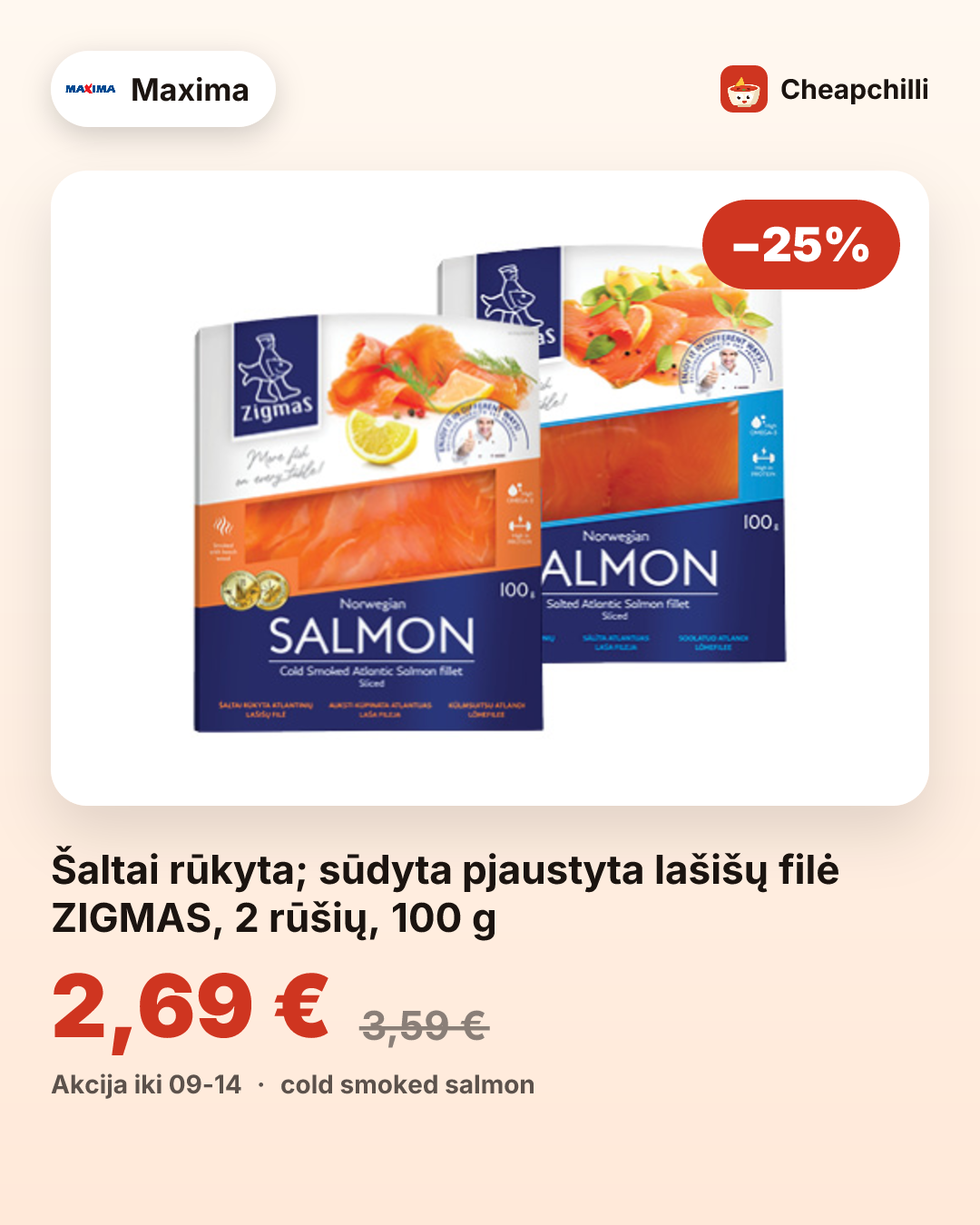 Šaltai rūkyta; sūdyta pjaustyta lašišų filė ZIGMAS, 2 rūšių, 100 g
