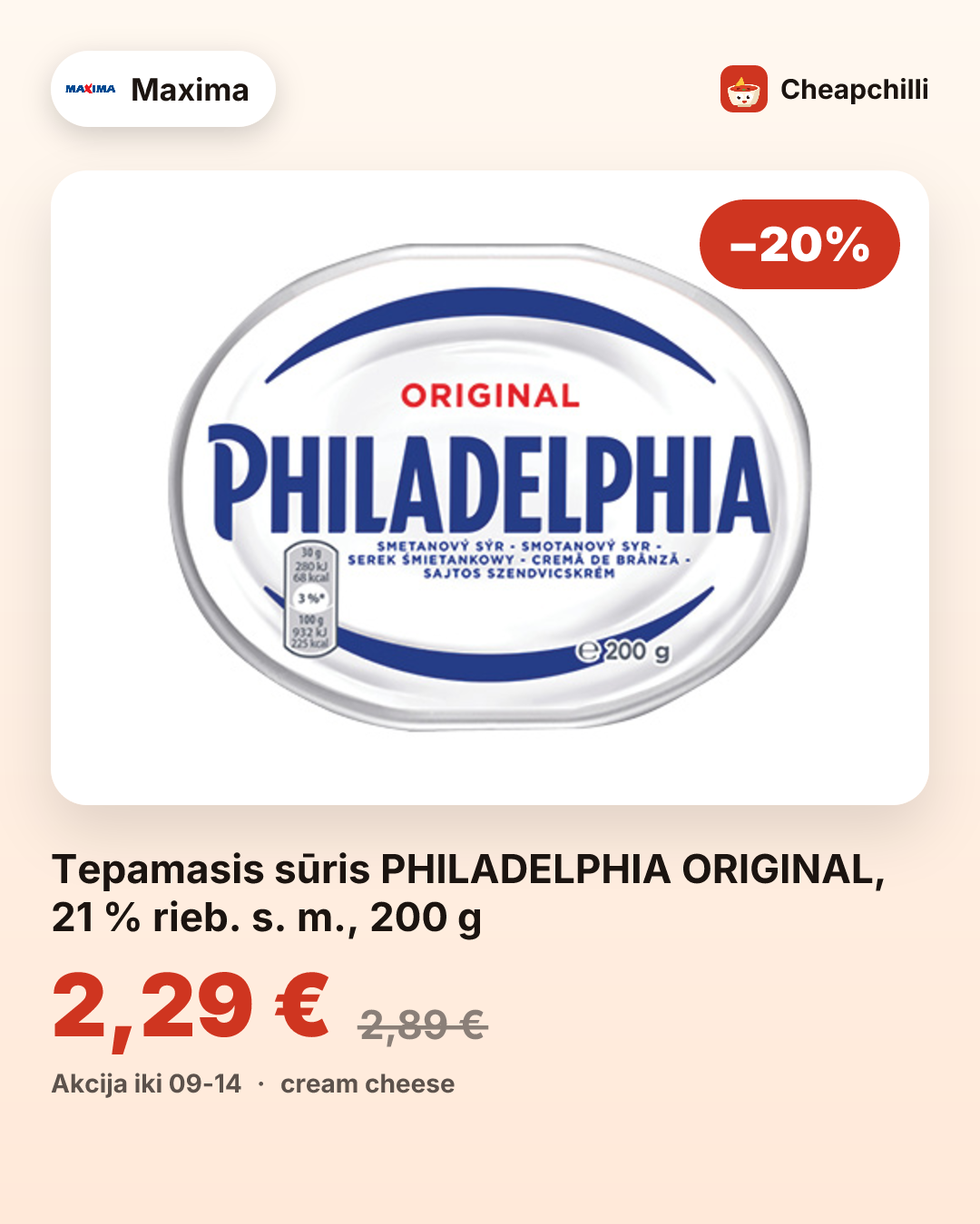 Tepamasis sūris PHILADELPHIA ORIGINAL, 21 % rieb. s. m., 200 g